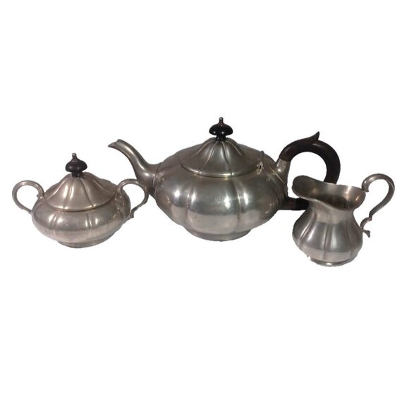 Antique Sheffield Pewter Pumpkin Melon Shape Teapot Cream Sugar Set By James Dix - Picture 2 of 15